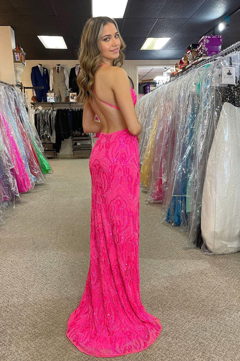 Mermaid V Neck Sequins Appliques Fuchsia Long Prom Dress